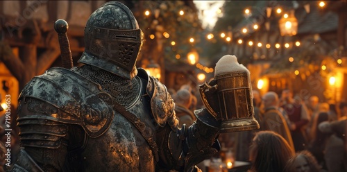 a dark souls suit of knight's armor standing holding a medieval beer stein in a crowded fey beergarden at twilight