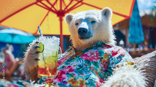 A Polar Bear in human clothes lies on a sunbathe on the beach, on a sun lounger, under a bright sun umbrella, drinks a mojito with ice from a glass glass with a straw, smiles, summer tones, bright ric