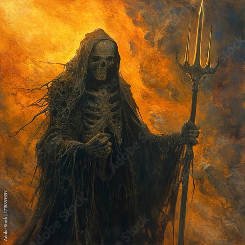 An armored dark skull lord holding a trident Illustration