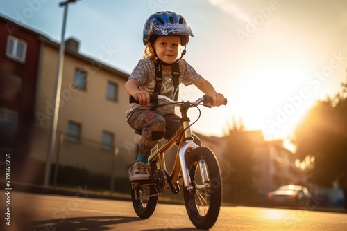 Cute child in helmet learns and rides a bike on a sunny day at sunset 
