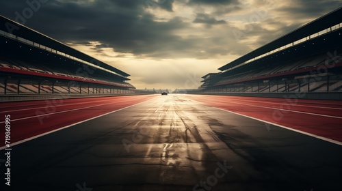 Sunset circuit motion blur road.Evening scene asphalt international race track with starting or end line.