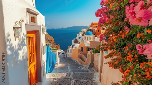 Santorini, Greece. Picturesq view of traditional cycladic Santorini houses on small street with flowers in foreground. Location Oia village, Santorini, Greece