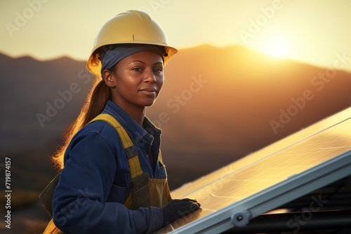 Female worker with hard work outdoors, woman with solar panels, 