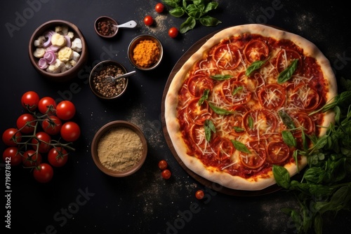  Italian food on dark background with pasta, pizza,