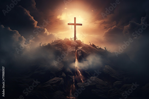 Jesus Christ crucified on the cross on the rock. 3d render