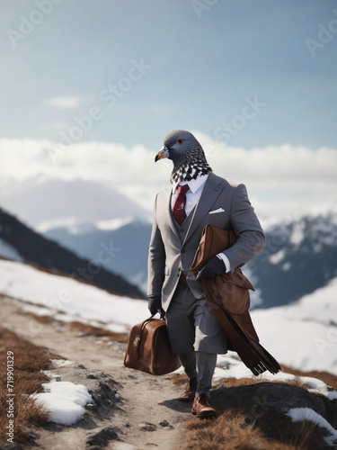 Generative AI Pigeon walking in a suit on a snowy mountain