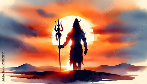 Silhouette of a lord shiva against a sunset background in watercolor style.