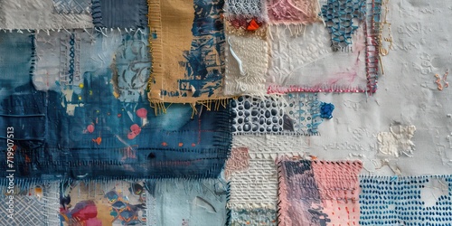 Mixed media thread collage featuring a plethora of textures and patterns, all presented in a minimalist design with meticulous hand stitching as a key element.