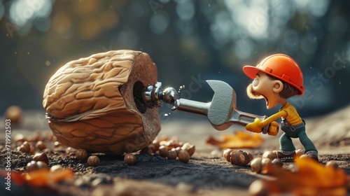 A tiny but mighty wrench manages to turn a giant and stubborn nut while its competitors look on in amazement in a whimsical cartoon scene.