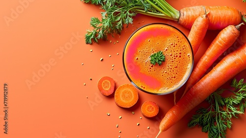 Carrots on a color scheme of orange with fresh carrot juice imposed in a glass, space, Generative AI.
