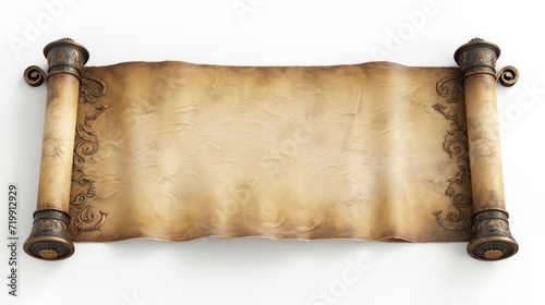 An antique medieval style scroll design. The scroll is opened and is blank. The background behind the scroll is white. It's in the style of realistic, detailed rendering. 