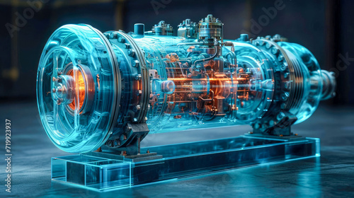 An industrial engine transparent modern high-tech centrifugal electric pump with asynchronous electric motor on a blue background with reflection
