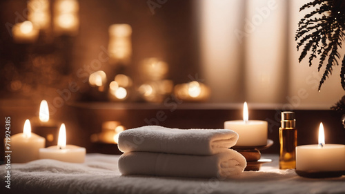 spa still life with candles, candles towel bottle on a bed in spa setting