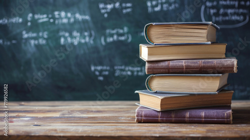Stack of school textbooks on a wooden table with blurred green chalkboard in background, room for copy space