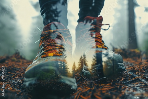 Double exposure with trail running shoe and forest.