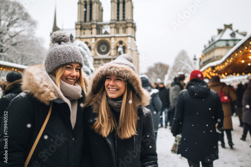 Dressed in stylish winter coats, the women exploring the Christmas markets near Notre-Dame Cathedral on a snowy winter day.