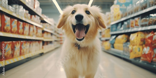 A dog standing in a store aisle. Can be used to depict a pet-friendly environment or for showcasing products for pets