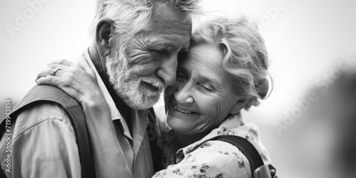 A black and white photo of a man and a woman. This image can be used to depict a couple, love, relationships, or nostalgia