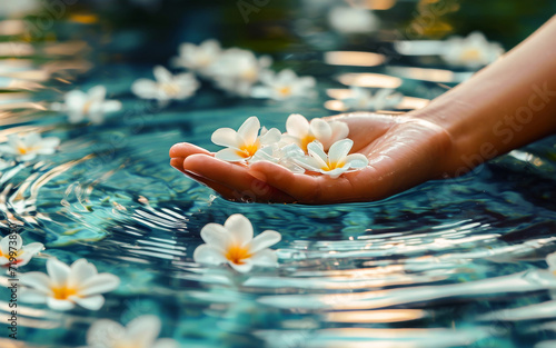 A serene image of a hand gently holding floating plumeria flowers in a calm water setting, symbolizing peace and relaxation.