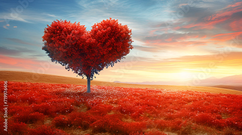 Tree of love. Red heart-shaped tree landscape. Valentine's Day background. generative Ai