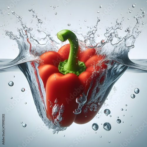 Chilli peppers capsicum falling splashing into water on white background 