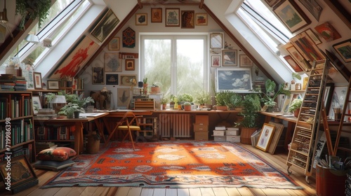 A cozy attic space transformed into a creative haven, with skylights and vibrant decor inspiring artistic pursuits.