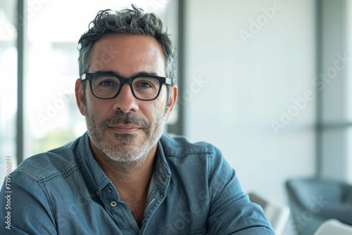 man with glasses in the office in bright light, in the style of light gray and teal, transfer, solid and structured, tabletop photography, spanish school, white background, light gray and navy