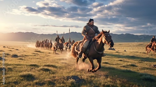 Mongolian People riding horse for travel
