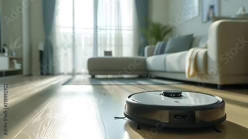 Robot vacuum cleaner cleans a bright room at home, cleanliness concept