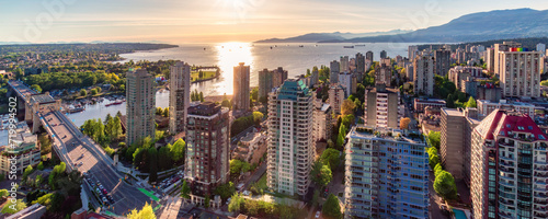 Downtown Vancouver Cityscape on West Coast of Pacific Ocean. Sunset. Aerial Panorama