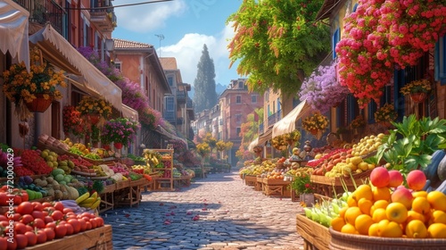 A charming farmer's market on a sunny day, with stalls brimming with fresh produce, flowers, and local crafts, creating a lively and inviting scene.