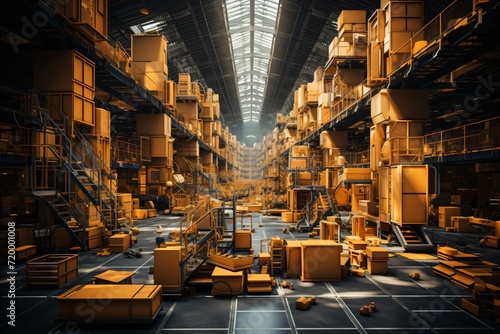 Vast Warehouse Interior, Illuminated Aisles of Stacked Boxes, Organized Storage Space