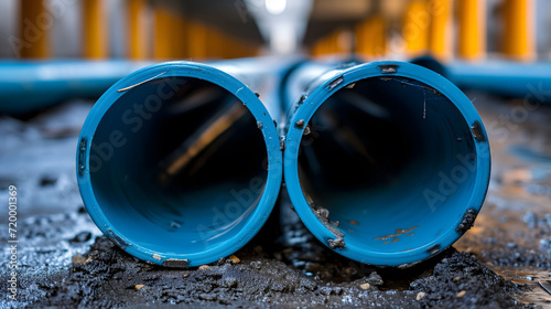 Blue water pipes positioned on muddy construction ground