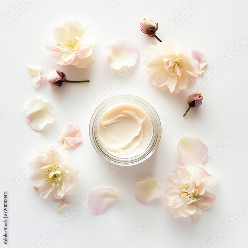 visual of a luxurious face cream jar, surrounded by delicate flower petals