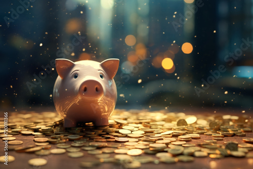 Piggy bank and coins with bokeh background, saving money concept. for savings expenses for loans costs and payments. Credit financial growing business concept.