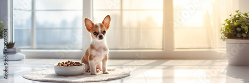 A cute Chihua puppy sits on the floor next to a bowl of dry food, in the living room, against the backdrop of a large window on a sunny day. Animal care concept