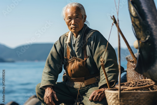  Photograph of a Japanese fisherman in traditional attire, with ancient fishing tools, set against the backdrop of a coastal village