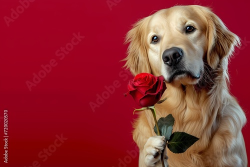 cute golden retriever holding red rose on red gradient background, love me love my dog, for valentine day