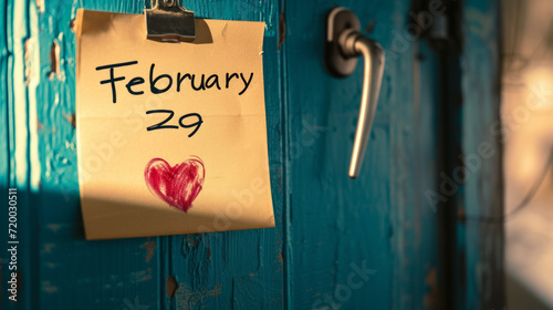Yellow note on door background with written February 29 as a reminder for leap year day with copy space