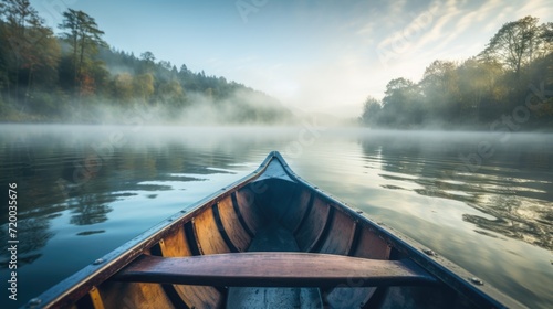 Closeup bow of a modern canoe in the misty lake or river around forest