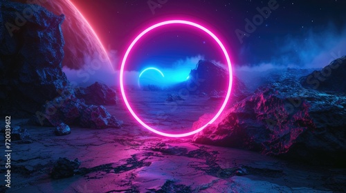 abstract cosmic landscape with pink blue neon portal