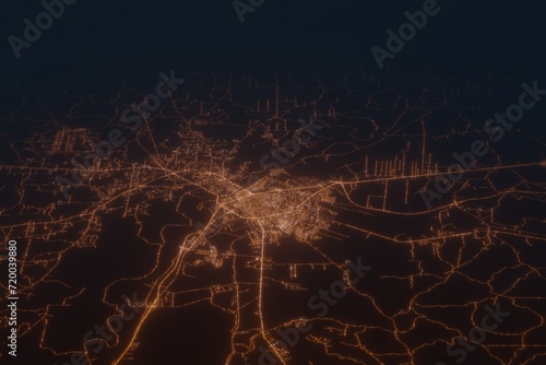 Aerial shot on Alexandria (Louisiana, USA) at night, view from west. Imitation of satellite view on modern city with street lights and glow effect. 3d render