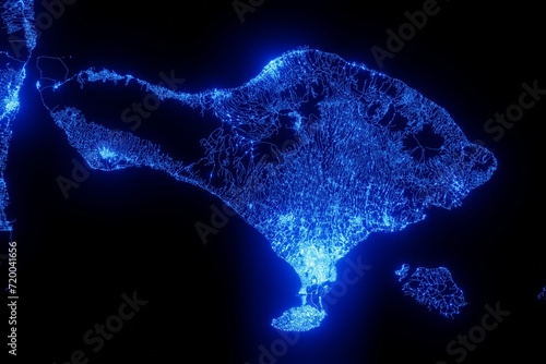Street map of Bali (Indonesia) made with blue illumination and glow effect. Top view on roads network