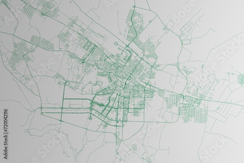 Map of the streets of Ashgabat (Turkmenistan) made with green lines on white paper. 3d render, illustration