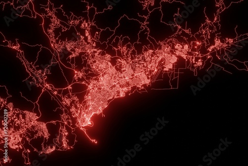 Street map of Panama made with red illumination and glow effect. Top view on roads network. 3d render, illustration