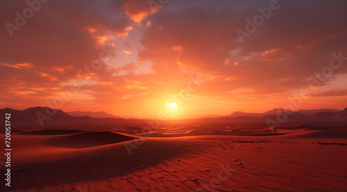 a desert filled with sand dunes and sunset, generative ai