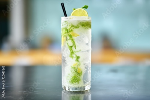 close up of bubbles and ice in a fizzy virgin mojito