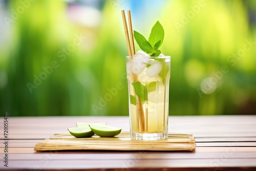 glass of virgin mojito with bamboo background