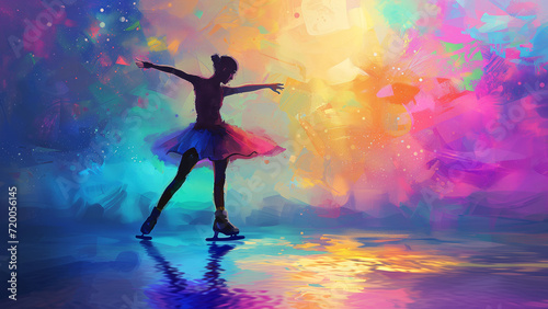 Neon Elegance: Figure Skating Dancing Girl in Watercolor