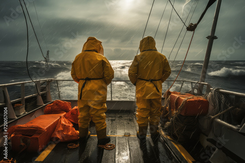 Two sailors in yellow raincoats standing on the deck of a ship in the open sea. Storm, rain, fishermen on a flight